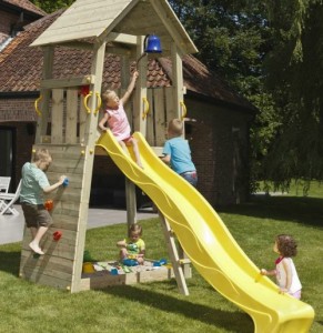 wooden climbing frame and swings