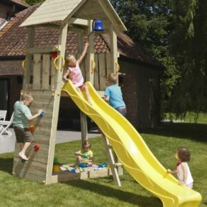 wooden climbing frame and swings